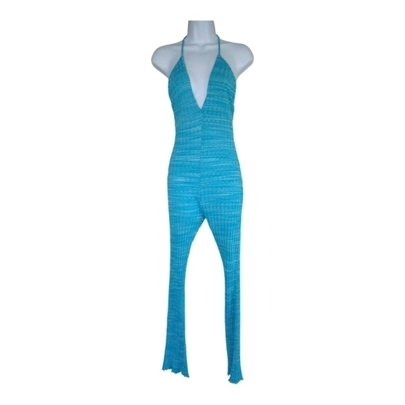 Zara Blue Ribbed Flare Halter Jumpsuit Small - Picture 3 of 3
